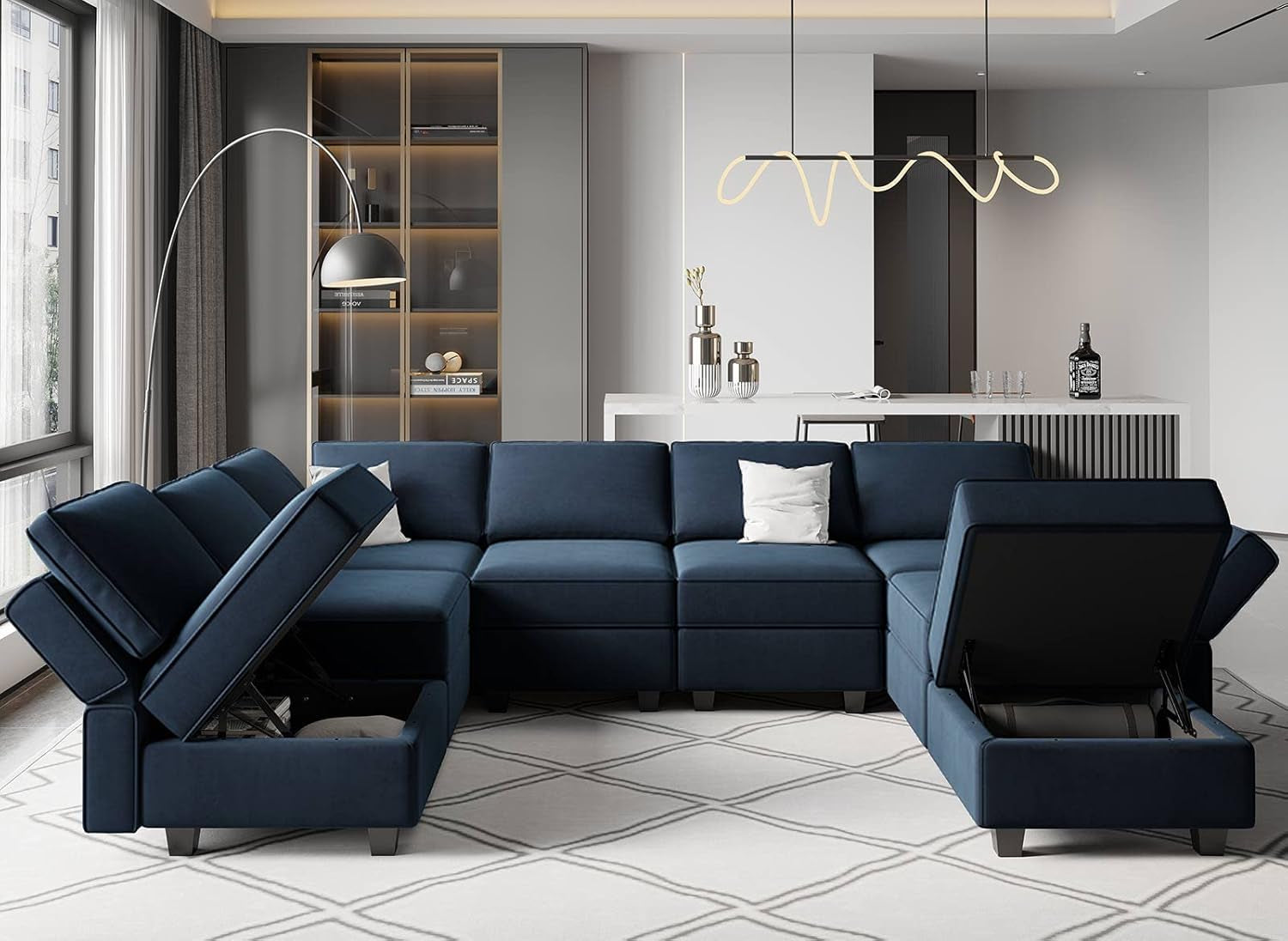 Modular Velvet Sectional Sofa Blue With Storage Ottoman-3