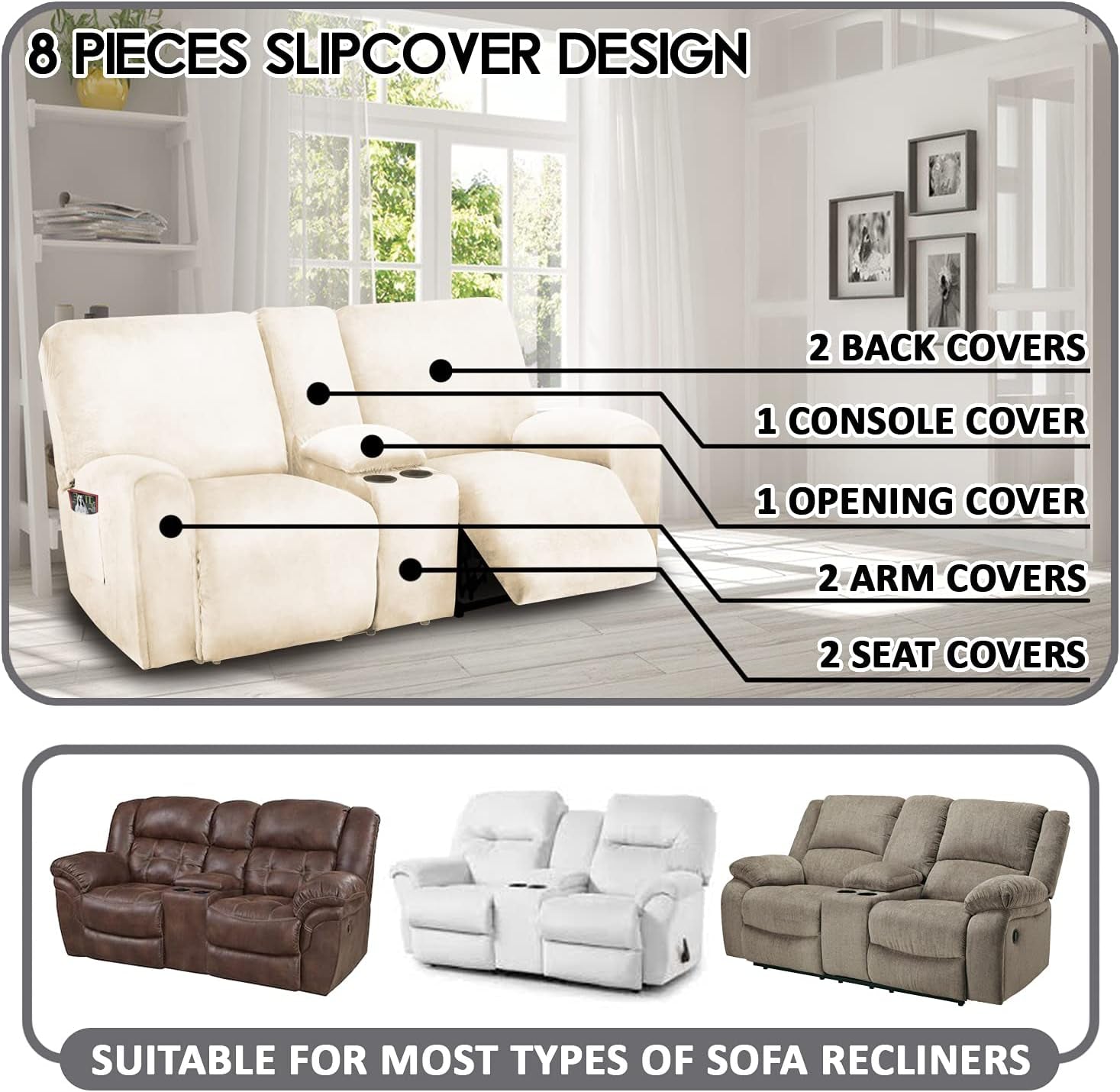 Reclining Love Seat with Middle Console Slipcover, 8-Piece Velvet Stretch Loveseat Reclining Sofa Covers, 2 Seat Love Seat Recliner Cover, Thick, Soft, Washable, Love Seat Slipcovers (Ivory)-1