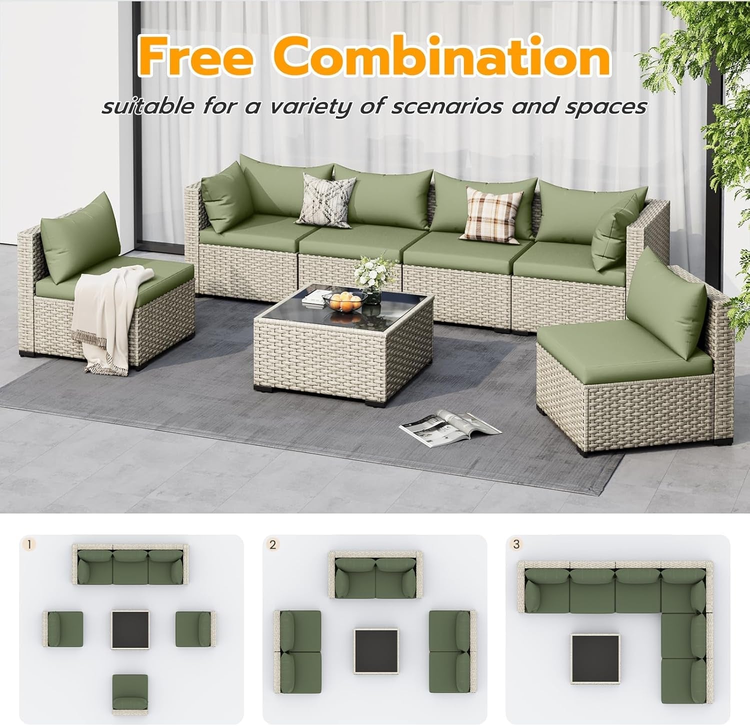 Outdoor furniture set with green cushions and a coffee table, suitable for various scenarios and spaces.