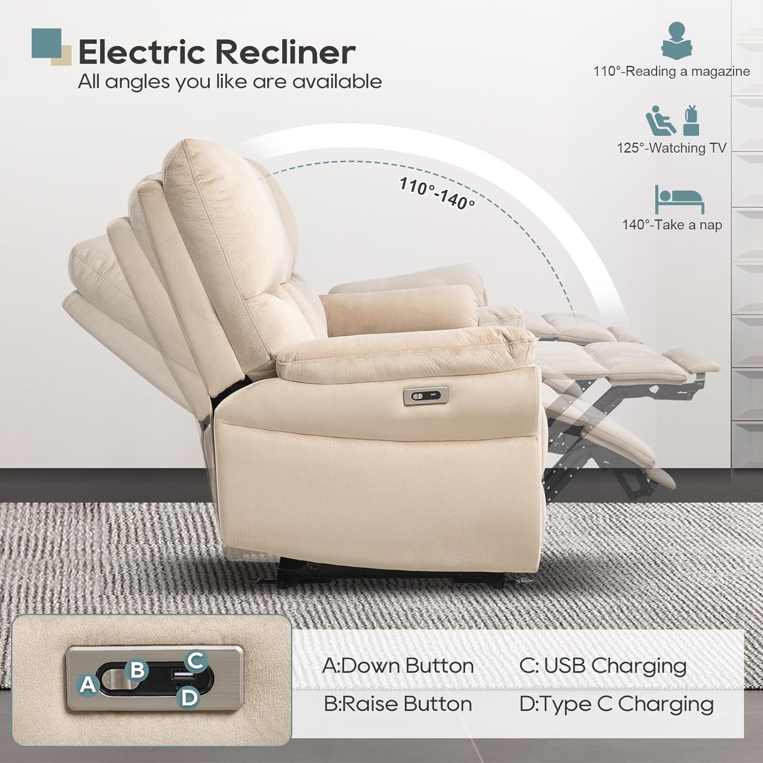 Beige electric recliner chair with adjustable angles and control buttons on a gray carpet.