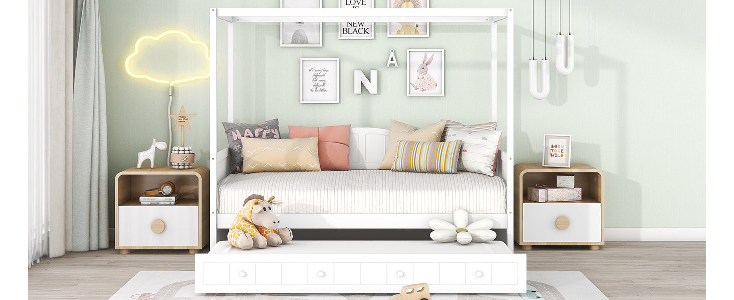 Twin Size Canopy Day Bed with Twin Size Trundle and Underbed Storage