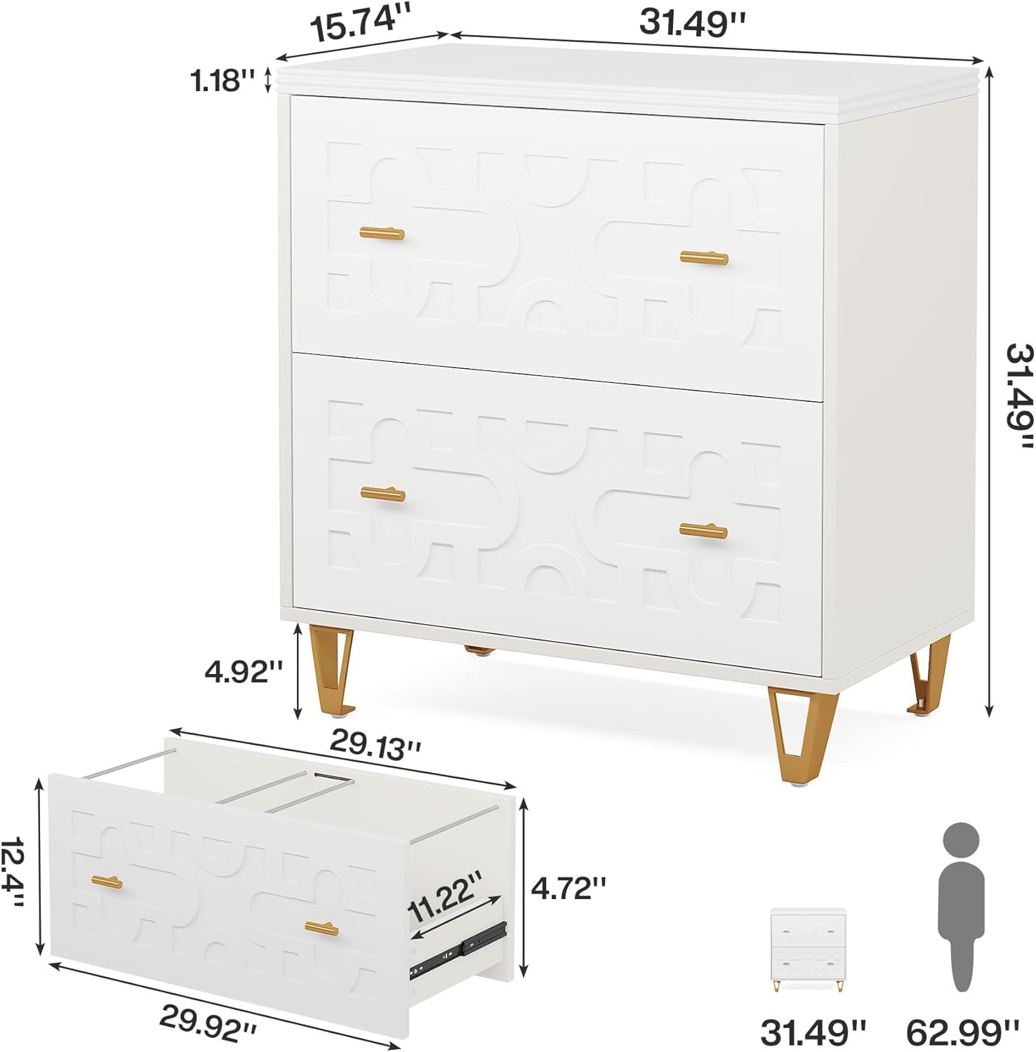 White dresser with gold legs and handles, shown with dimensions on a white background