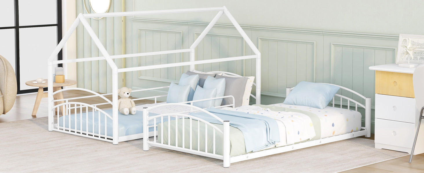 Twin Over Twin Metal Bunk Bed With Slide, Kids House Bed