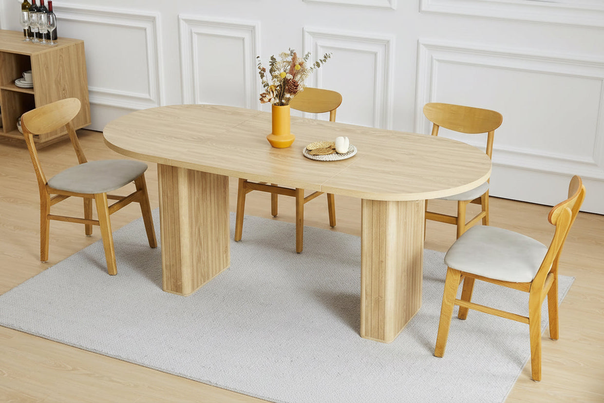 Wooden dining table with chairs in a room setting, featuring text 'Versatile Applications' and examples of use.