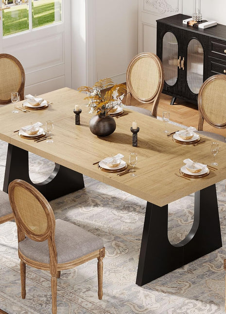Large Dining Table for 6-8 People, 70.9-Inch Wood Rustic Rectangular Table with Black Wooden Legs, Farmhouse Center Kitchen Table for Dining Room, Living Room, Home Furniture, Oak and Black-2