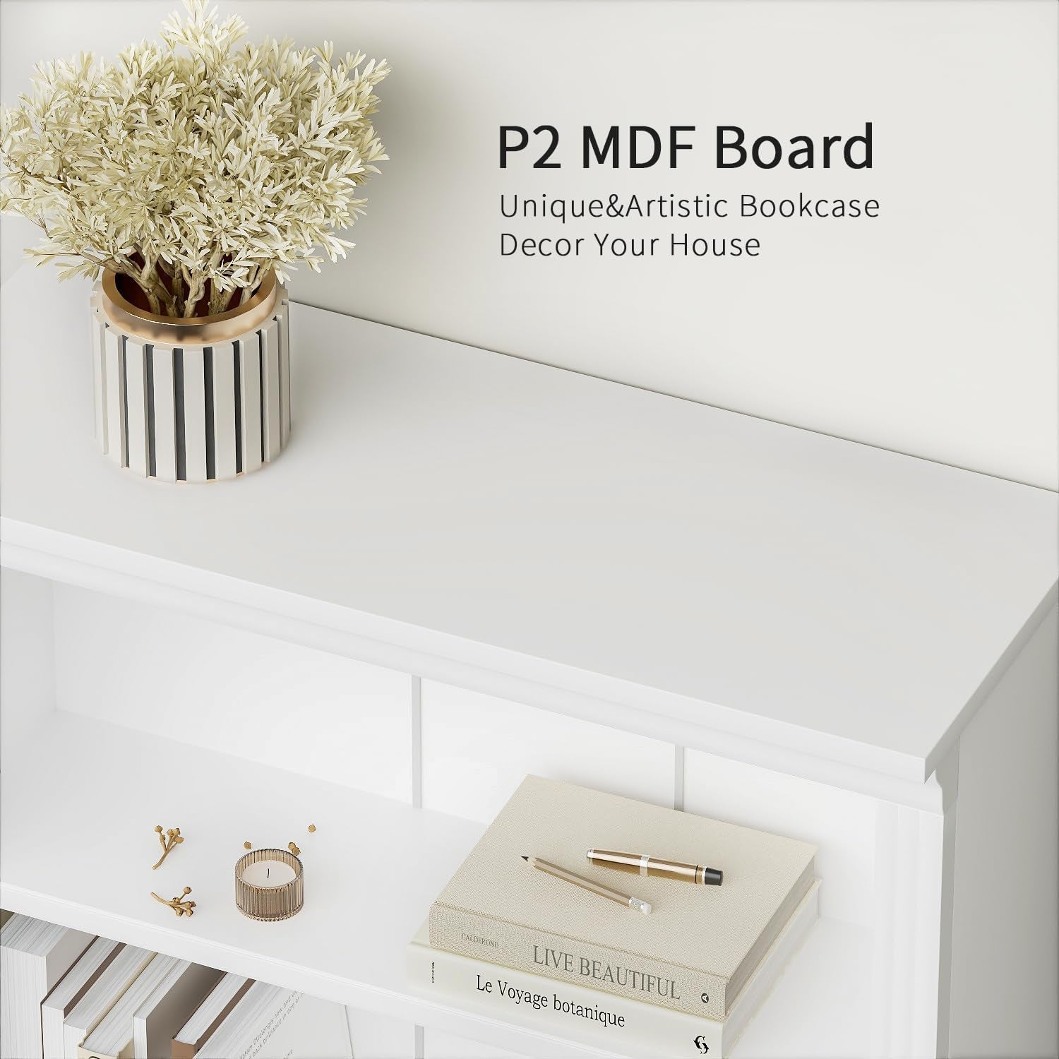 White bookshelf with decorative items including a plant and books, featuring 'P2 MDF Board' text.