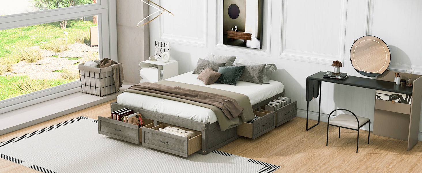 Queen Size Platform Bed with 6 Storage Drawers