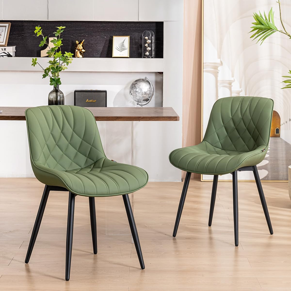 Dining Chairs Set of 2 Mid Century Modern Kitchen Chair Comfortable Upholstered Faux Leather Dinner Chairs for Kitchen Dining Room, Olive-2