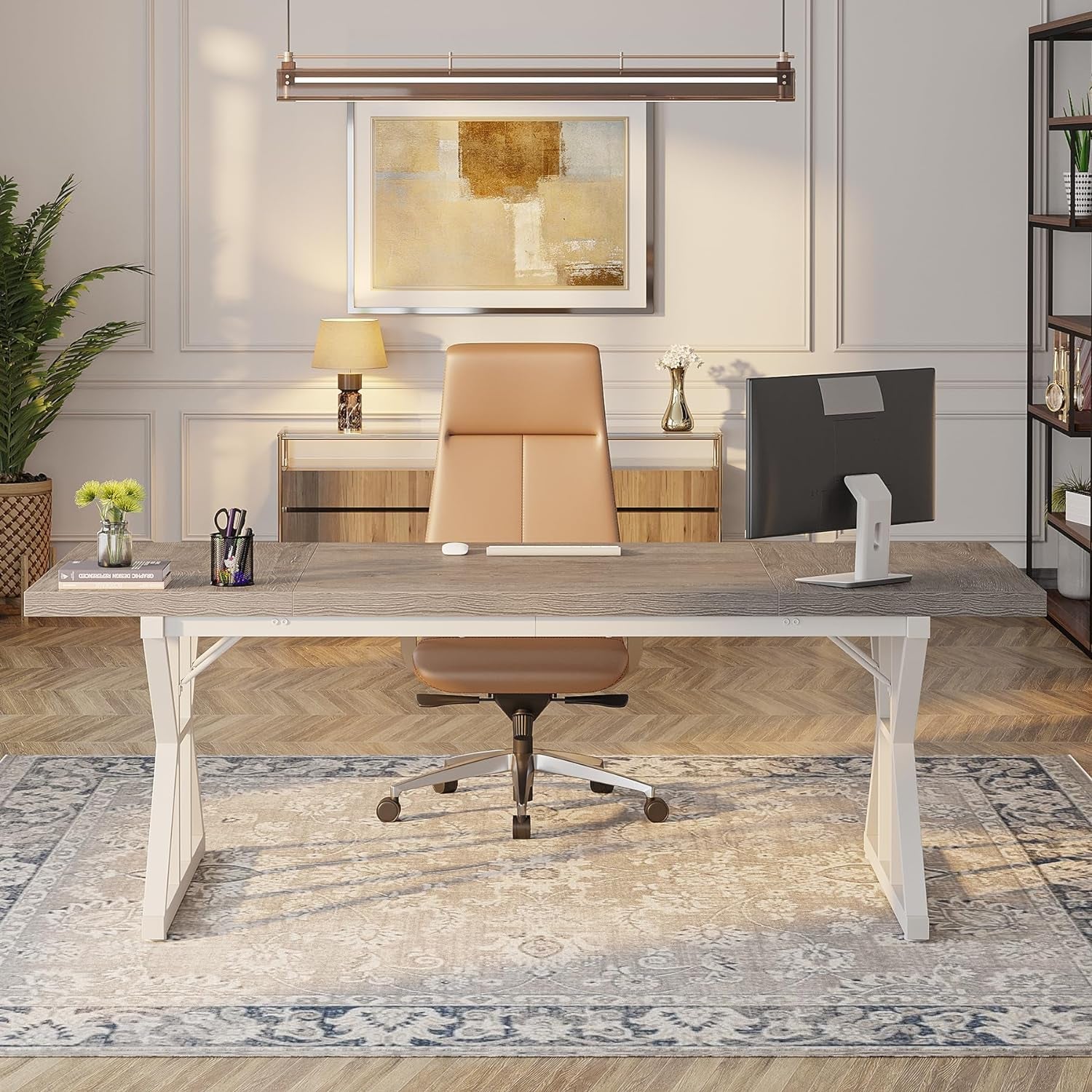 Modern office setup with a desk, chair, and decor elements.