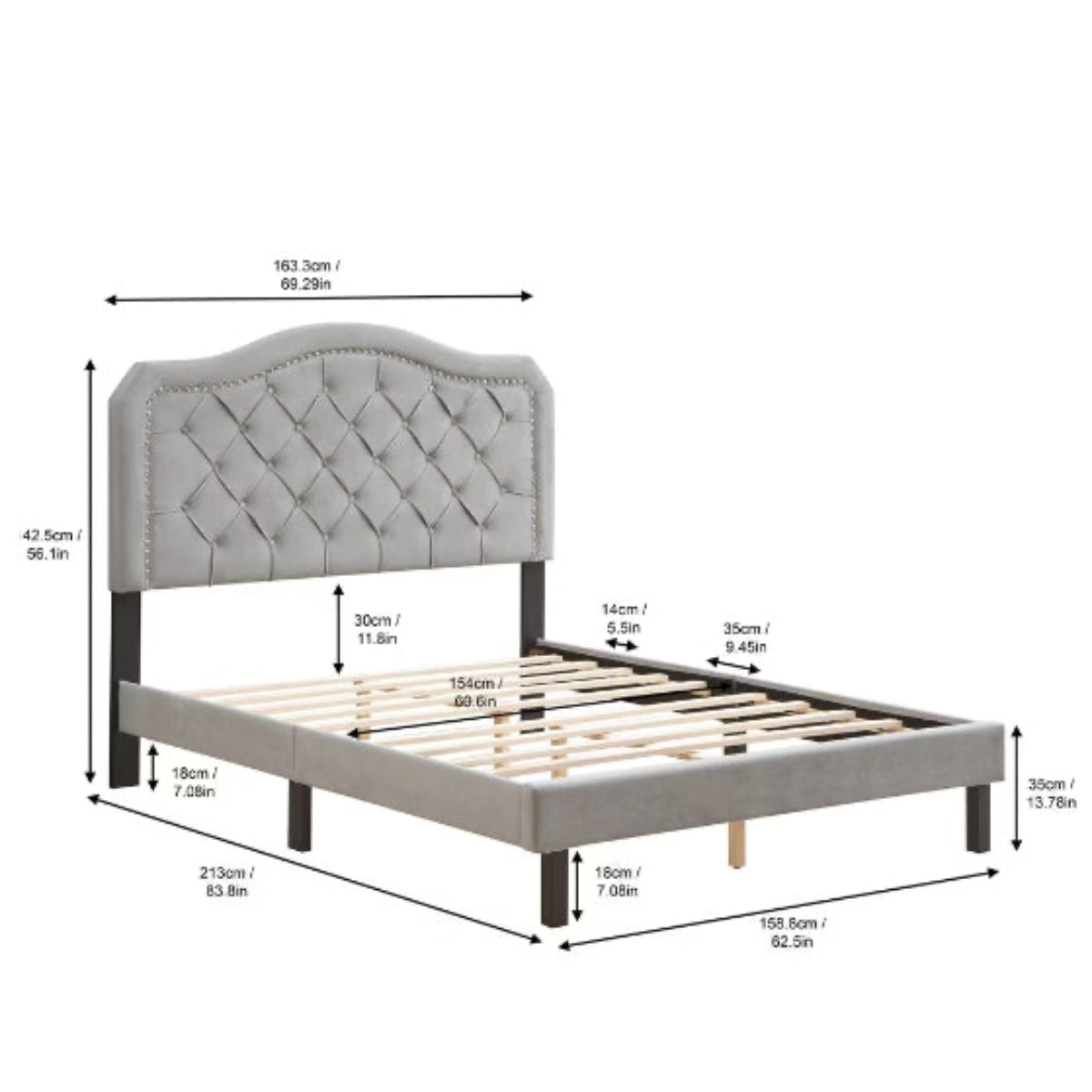 Gray upholstered bed with dimensions labeled on a white background