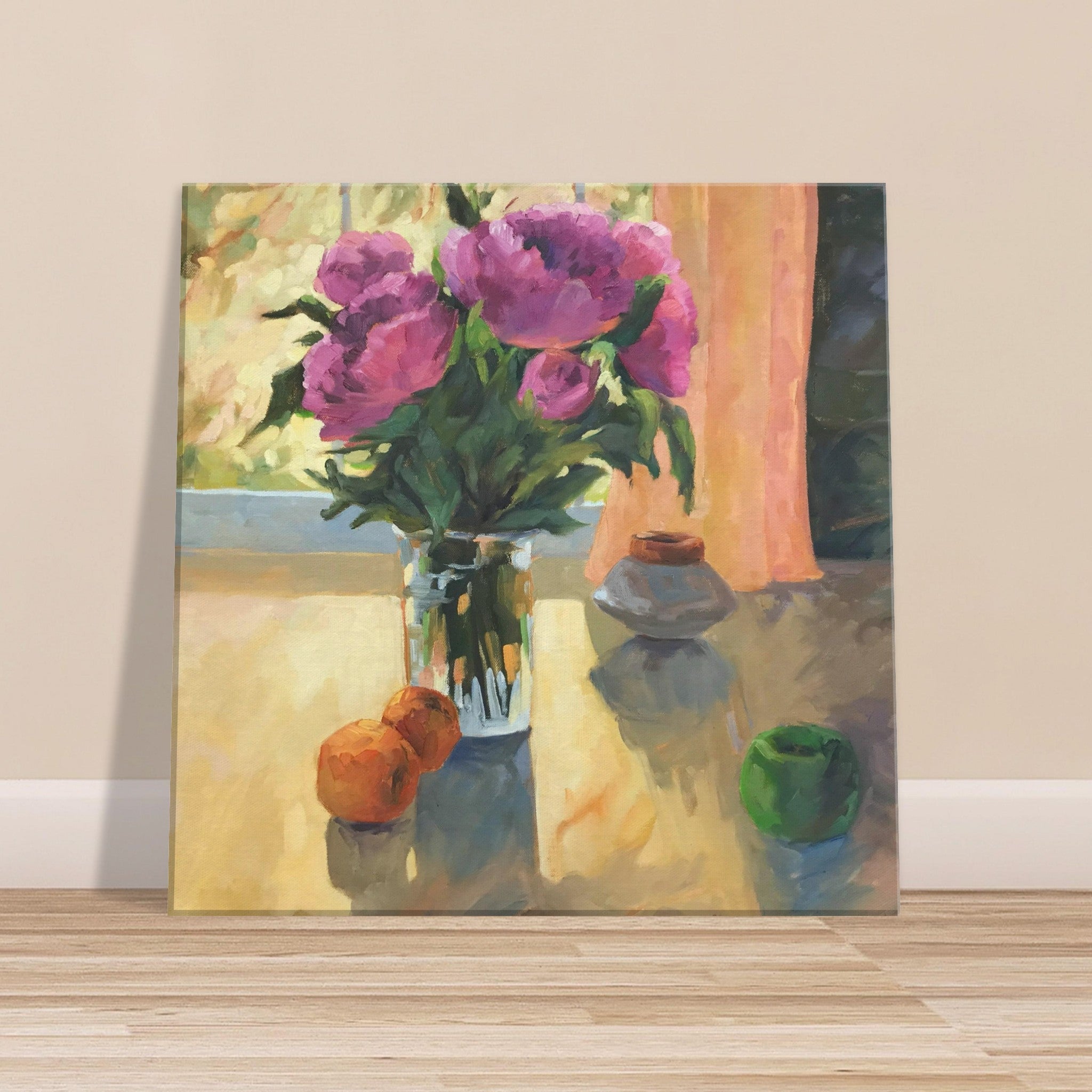 Painting of a still life scene with flowers and fruits on a table.