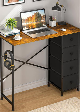 Computer Desk with 4 Fabric Drawers, 35.4 Inch Small Home Office Writing Desk, Simple Table PC Desk for Small Places, Kids Girls Teen Study Writing Desk for Bedroom Dorm Rustic Brown-4