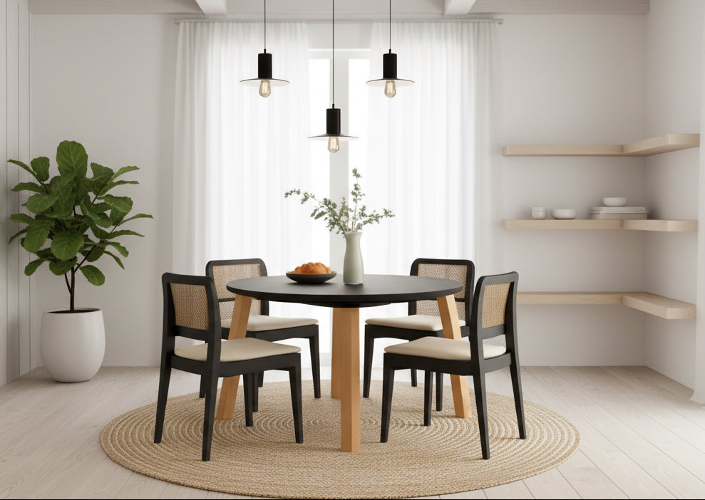 Dining room with a round table and four chairs against an orange wall.