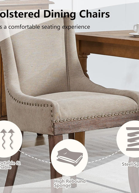Modern Dining Chairs Set of 2, High Back Dining Chairs Side Chairs with Solid Wood Legs, Upholstered Fabric Dining Room Chairs for Dining Room Kitchen, Beige-3