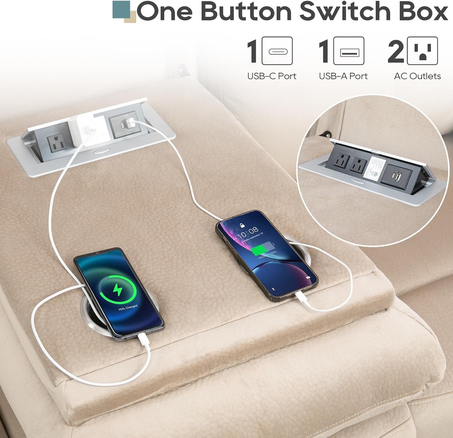One Button Switch Box with USB-C, USB-A, and AC outlets on a beige surface with two smartphones charging.