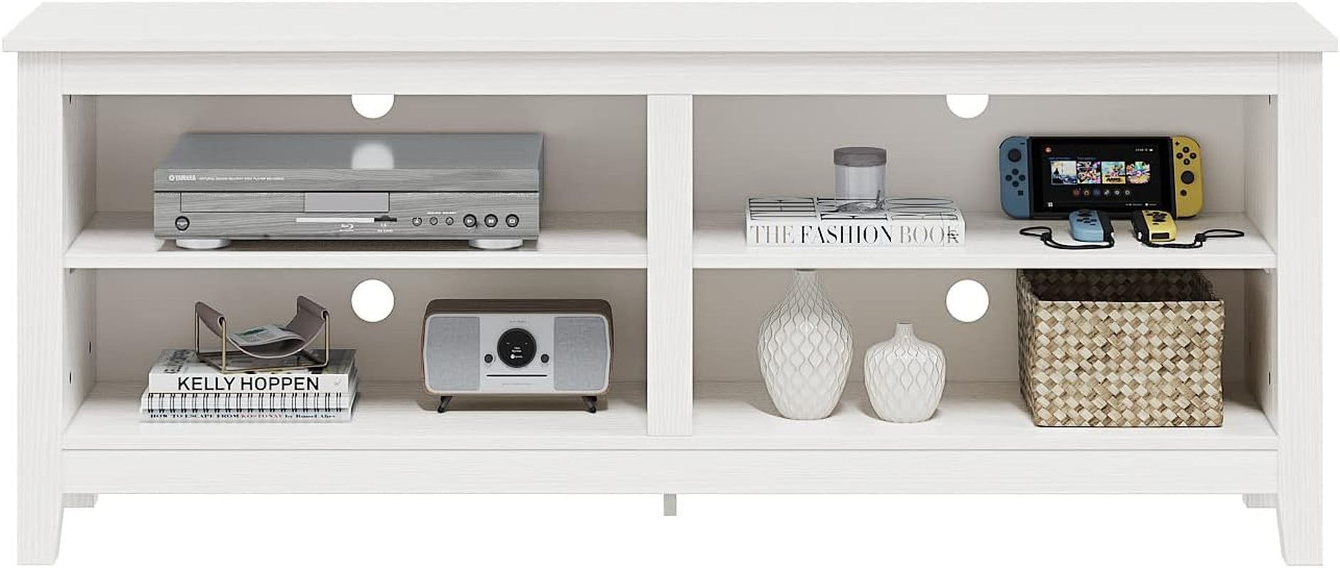 White entertainment console with various items on shelves