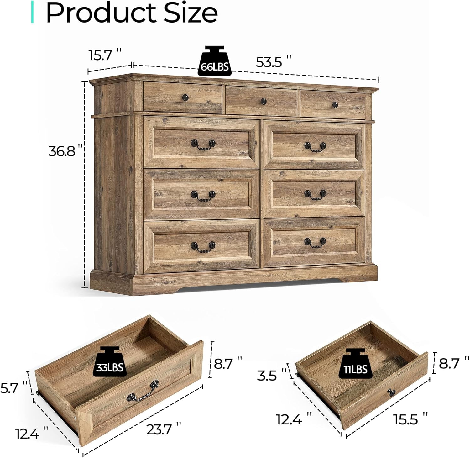 Wooden dresser with dimensions and weight labels on a white background