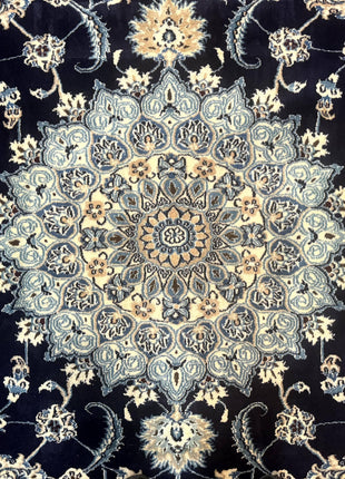 Persian Nain Rug 8x11, Navy Blue and Ivory, Handmade Wool Vintage Carpet, Floral Medallion-3