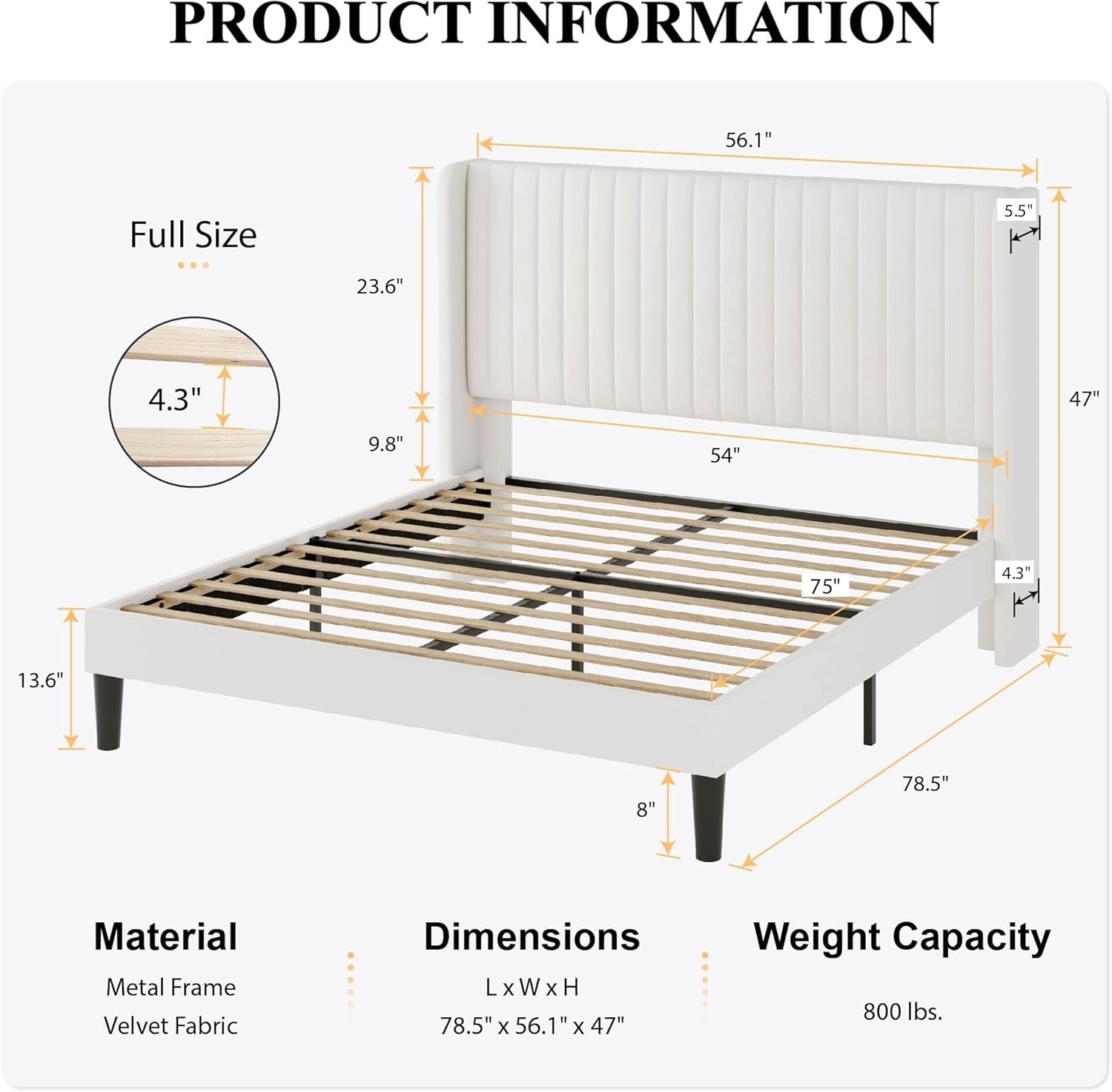 Measurement chart of a bed frame with dimensions labeled