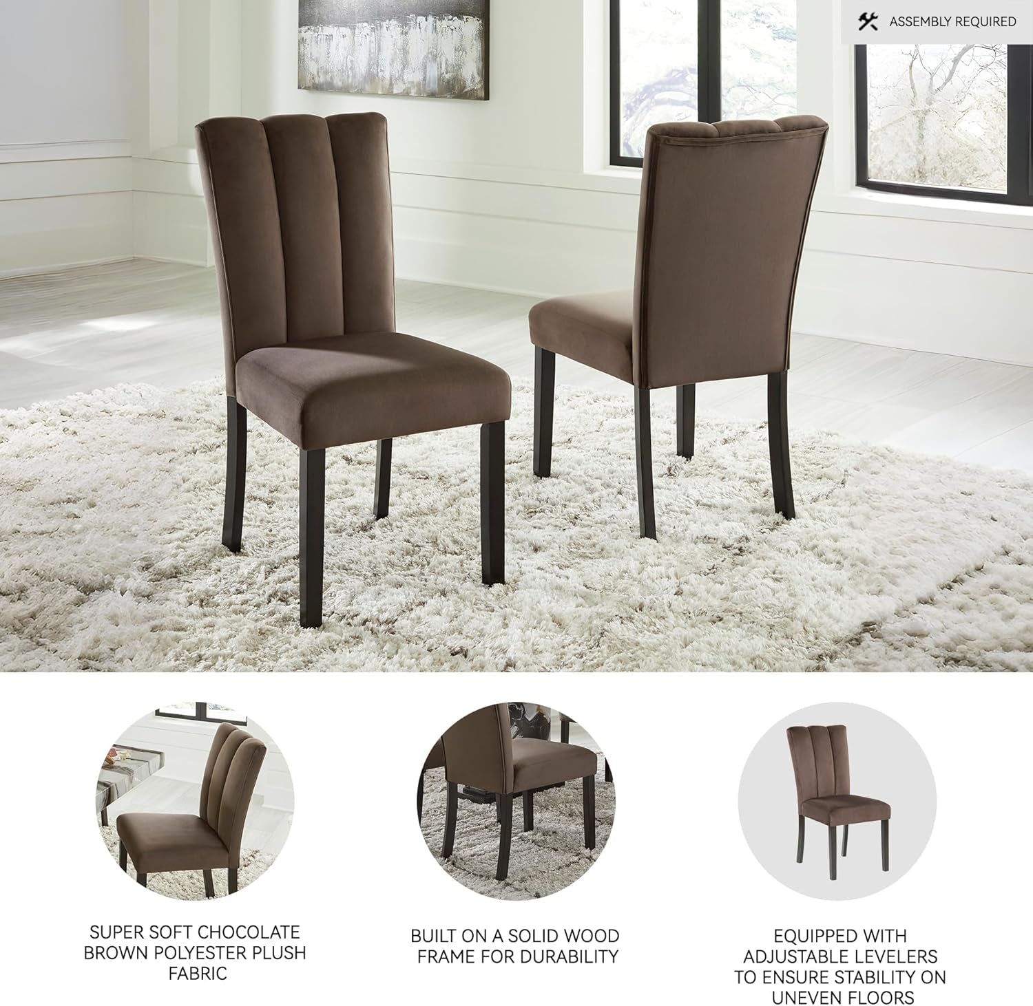 Two brown upholstered chairs on a white rug with product features highlighted.