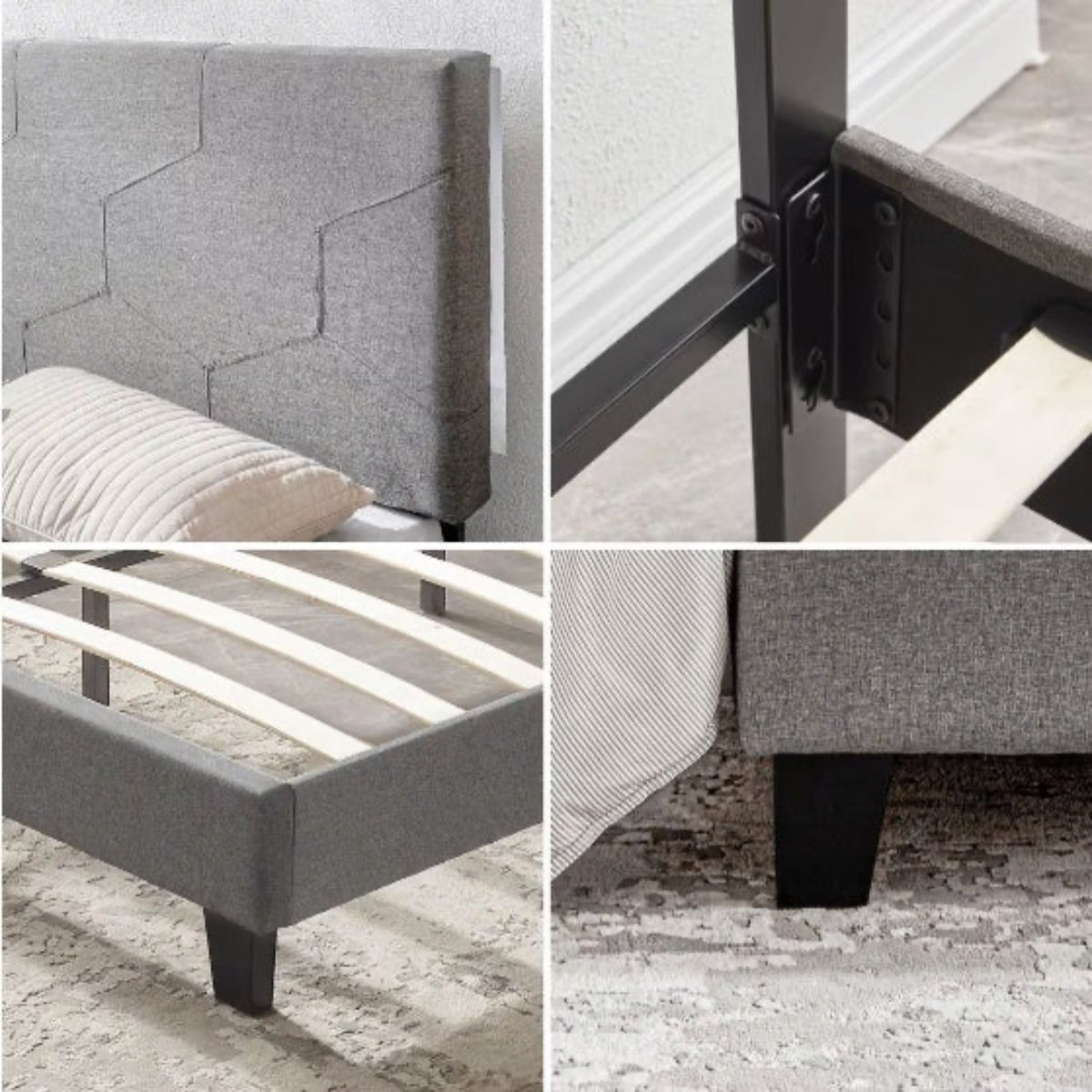Collage of a gray upholstered bed with geometric headboard design.