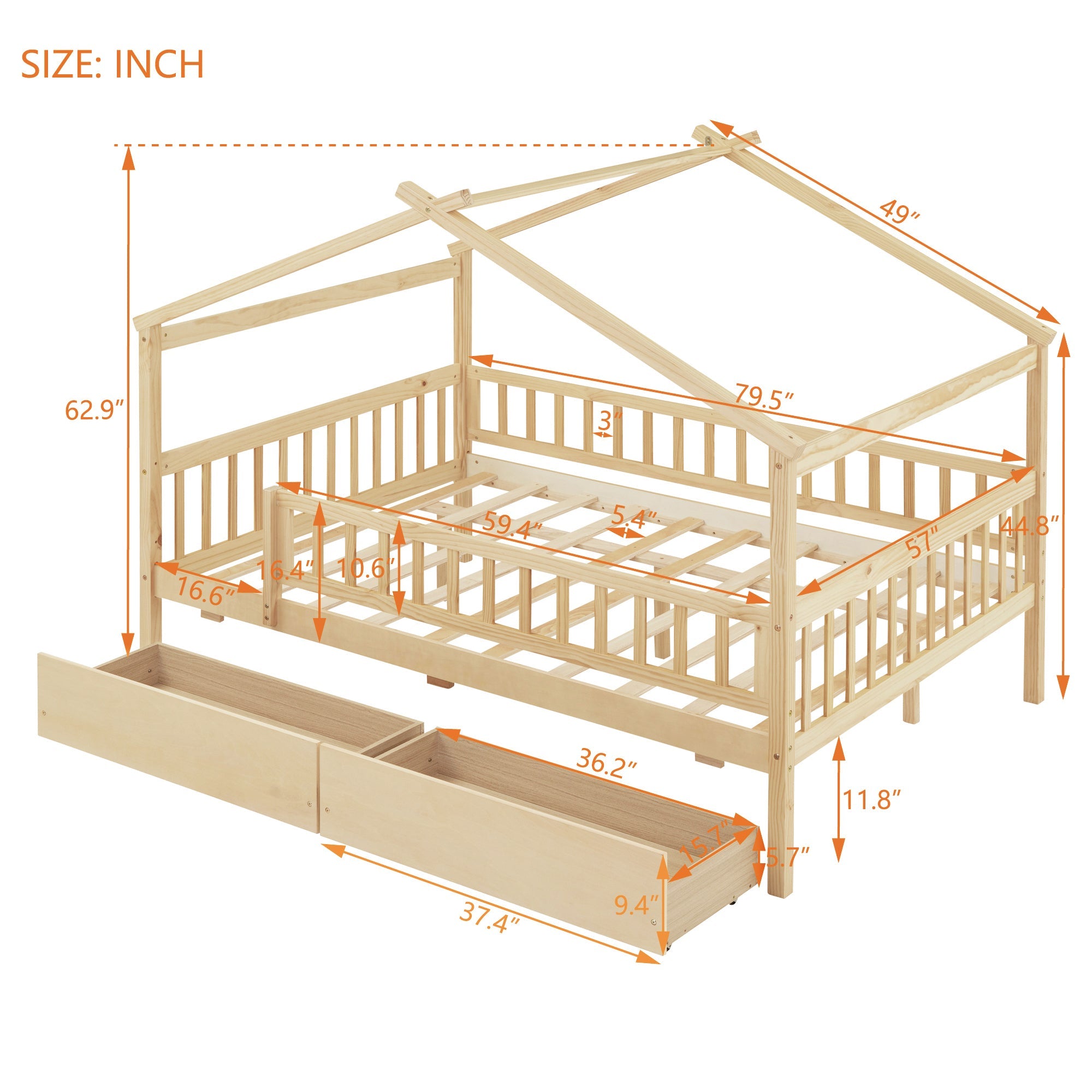 Full Size Wooden House Bed with Two Drawers