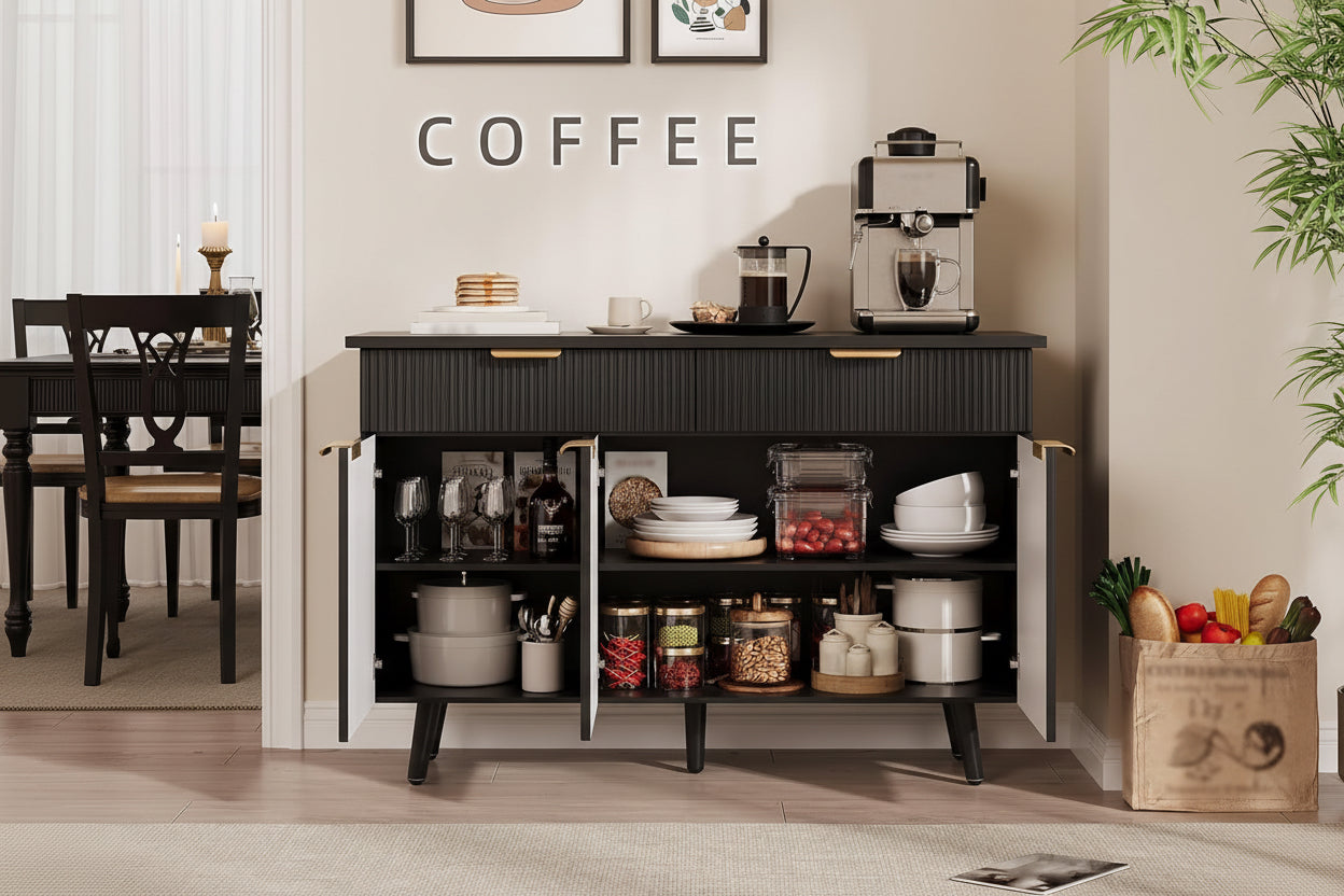 Coffee station with storage cabinet in a kitchen setting, emphasizing powerful storage capacity.