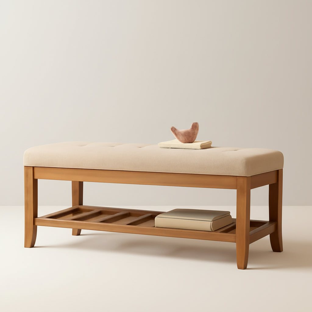 Wooden bench with beige cushion in a room with warm lighting