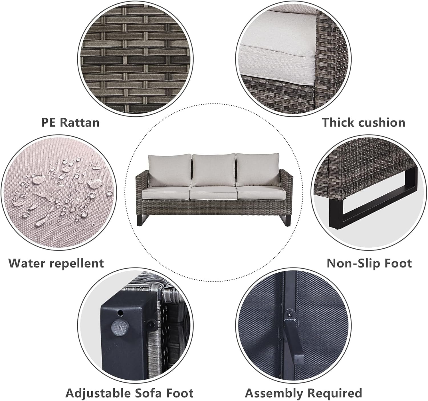 Outdoor sofa with features highlighted including PE rattan, thick cushion, water repellent, non-slip foot, adjustable sofa foot, and assembly required.
