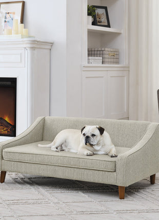 Modern Durable Elevated Dog Sofa Bed with Irregular Armrest Design, Comfortable Beige Foam Pet Sofa