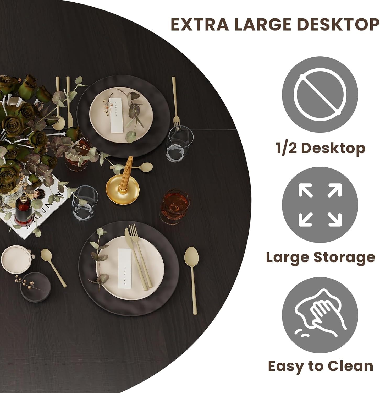 Round dark wooden table with place settings and decorative elements, featuring text and icons about table features.
