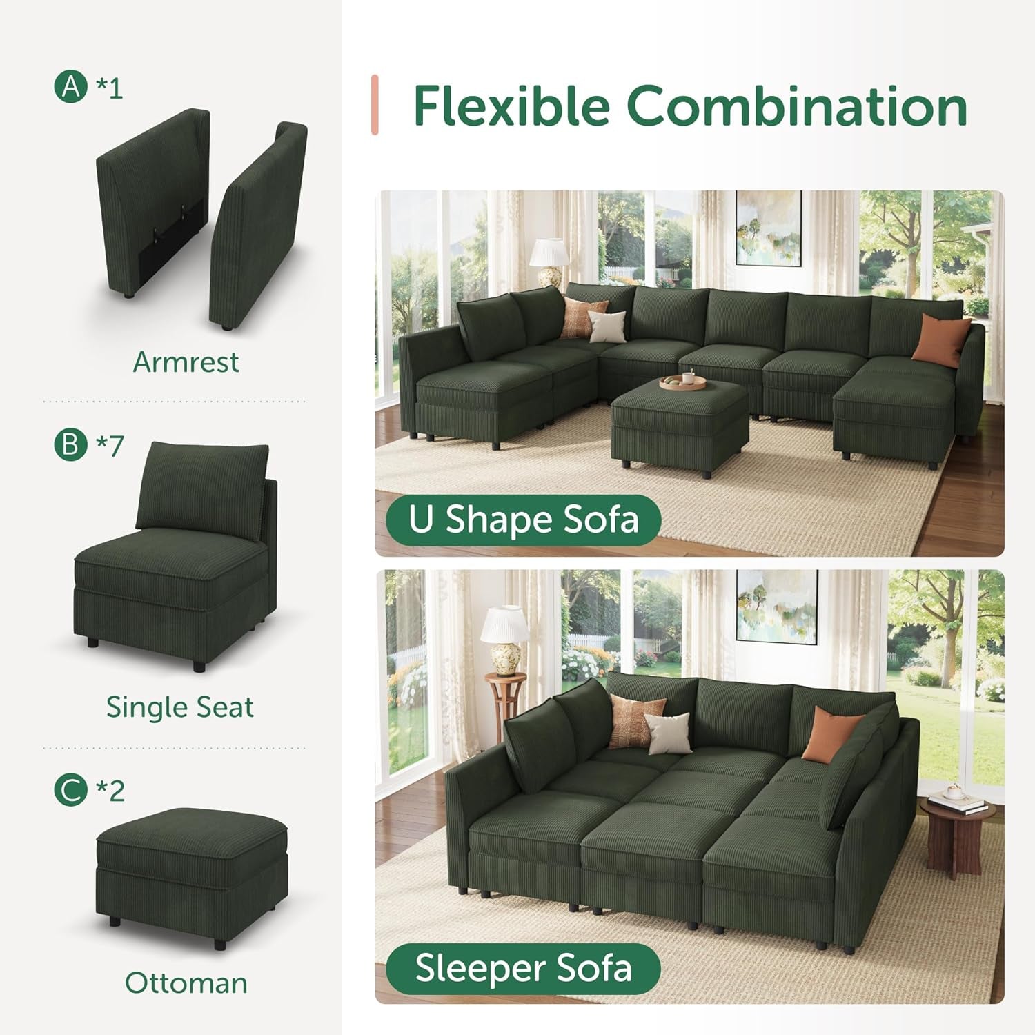 Green sectional sofa with armrest, single seat, ottoman, and sleeper sofa components on a white background.