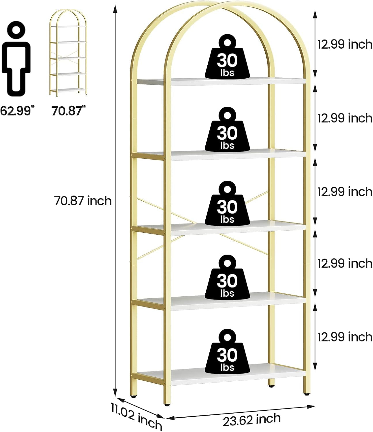 Gold metal bookshelf with weight markers and dimensions on a white background