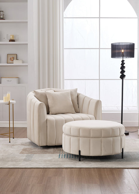 Oversized 40.35 in. Velvet Swivel Barrel Accent Chair and Ottoman Set with Storage, Beige-3