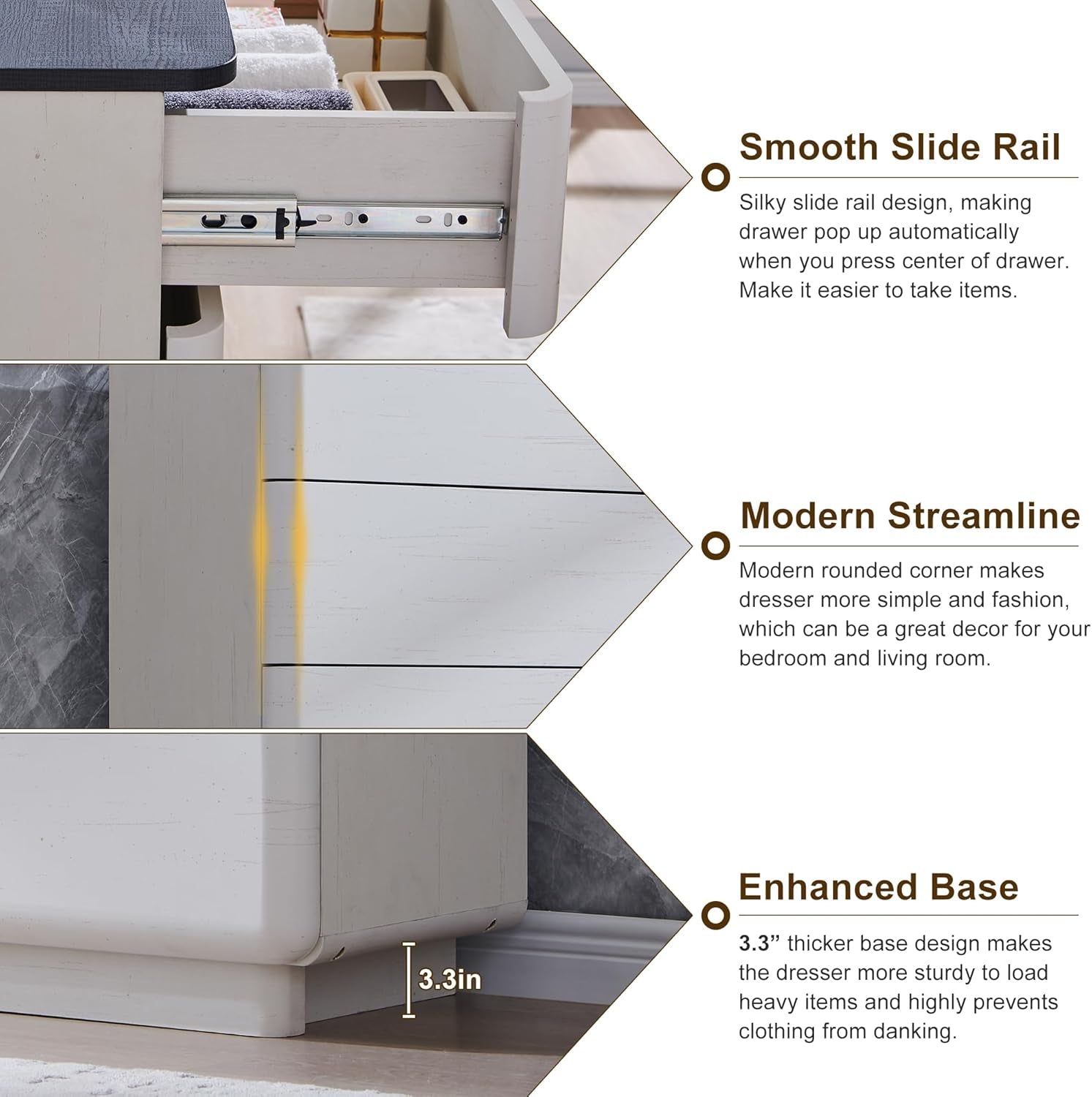 White dresser with smooth slide rail, modern streamline design, and thick base on a white background.