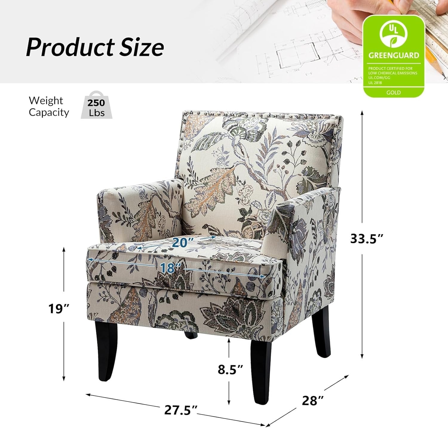 Patterned armchair with dimensions and weight capacity displayed on a white background