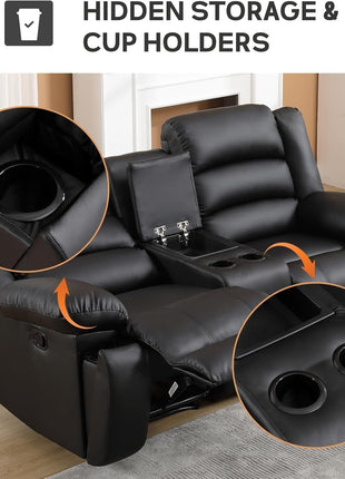 Faux Leather Manual Recliner Sofa Set, Loveseat Reclining Sofa and 3 Seat Recliner Sofa, Couch Set for Living Room, Bedroom, Meeting Room, Black(Loveseat+Sofa)-4