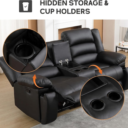 Faux Leather Manual Recliner Sofa Set, Loveseat Reclining Sofa and 3 Seat Recliner Sofa, Couch Set for Living Room, Bedroom, Meeting Room, Black(Loveseat+Sofa)-4