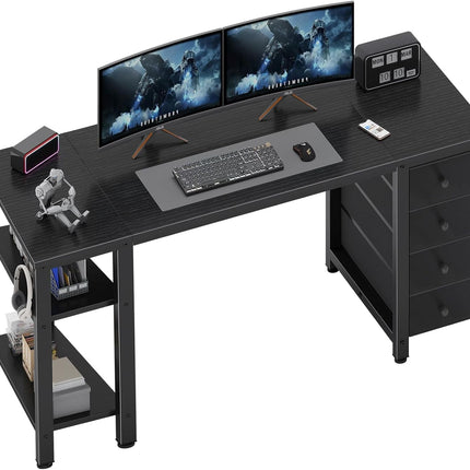 Gaming Desk with 4 Fabric Drawers & Storage Shelves, 55 Inch Computer Writing Work Study Desk for Home Office Bedroom, Modern Simple Student PC Desks Table, Black-0