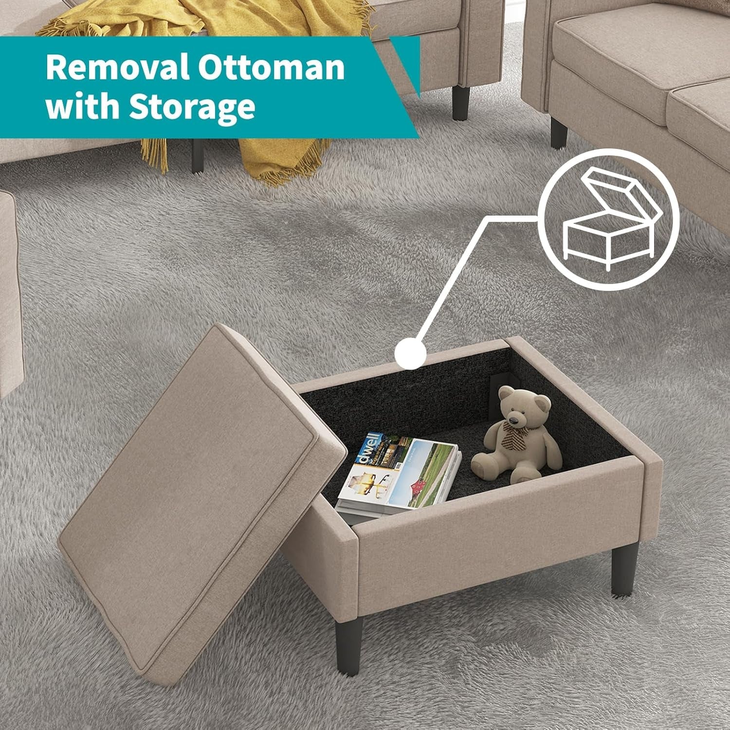 Beige Sectional Sofa Set With Movable Storage Ottoman-2