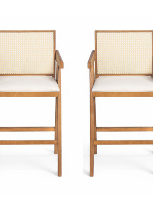 27' Height, Cream Woven Cane Plastic Backrest Bar Stool - Foam-Padded Fabric Seat & Durable Rubberwood Frame-1