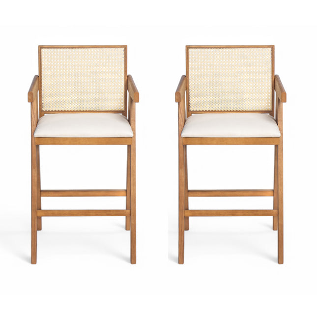 27' Height, Cream Woven Cane Plastic Backrest Bar Stool - Foam-Padded Fabric Seat & Durable Rubberwood Frame-1
