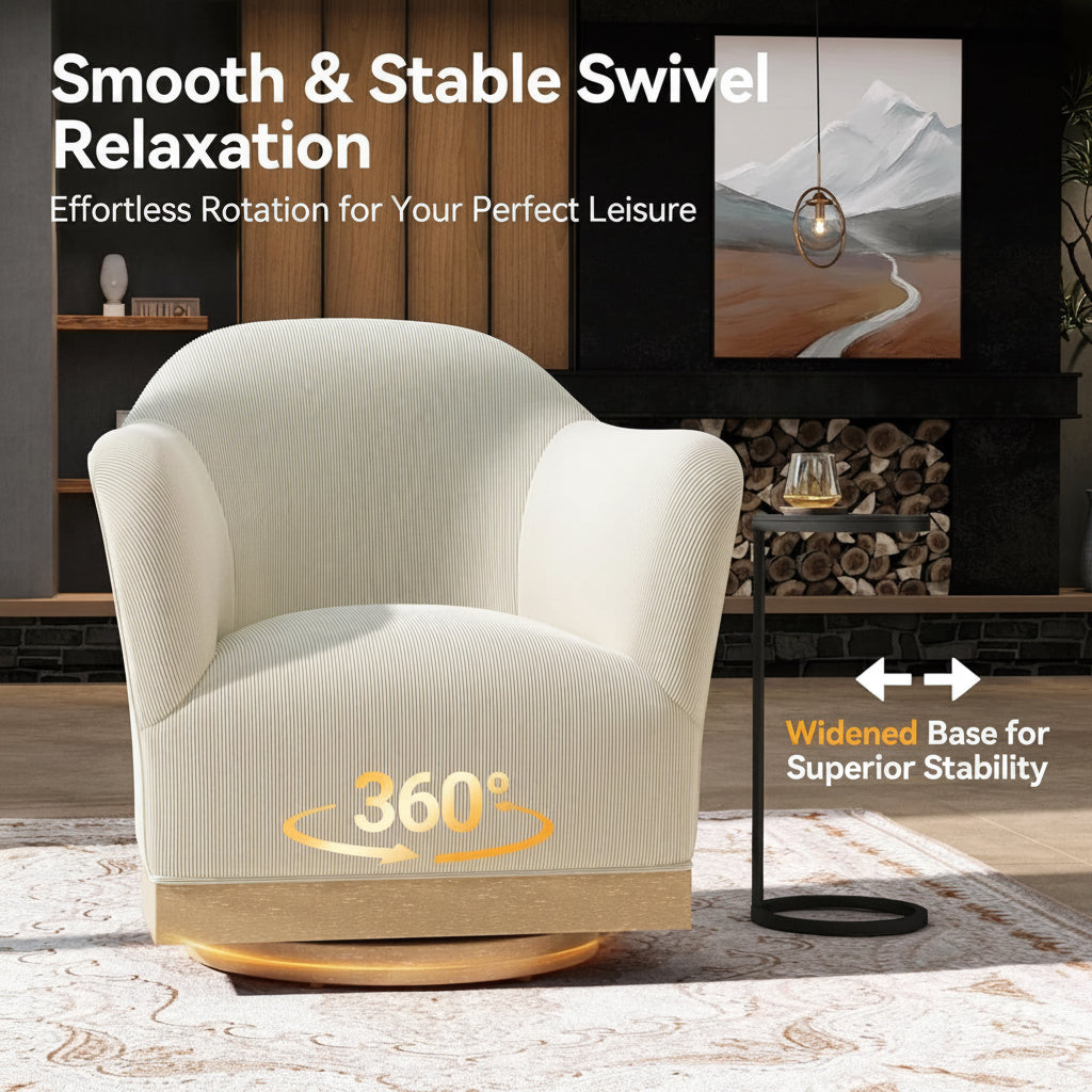 White armchair with swivel feature in a living room setting, emphasizing comfort and stability.
