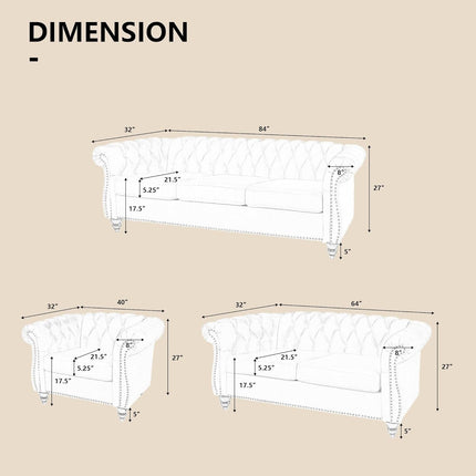 3 Piece Living Room Set, Sectional Chesterfield Sofa Chair Contemporary Upholstered Velvet Loveseat Couch Sets for Living Room, Bedroom, Office-1