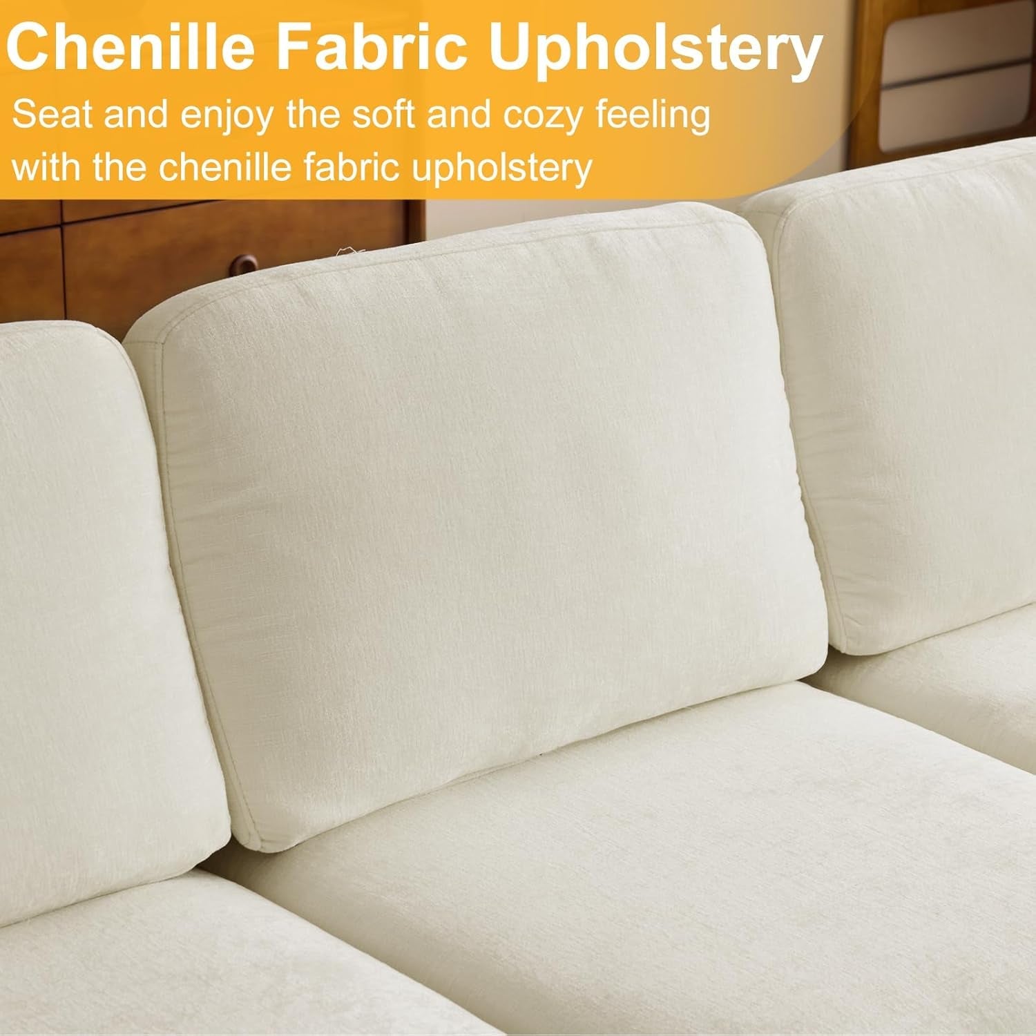 Beige sofa with text about chenille fabric upholstery
