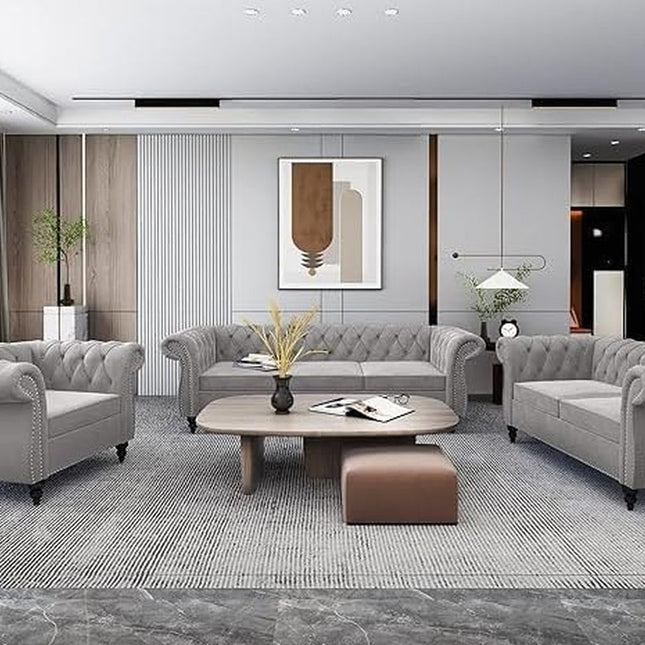 3-Piece Living Room Sectional Sofa Set, Upholstered Sofa Modern Sofa Couches Set Style Button Tufted, Velvet Chesterfield Sofa for Living Room Apartment, 1+2+3 Seat Grey-0