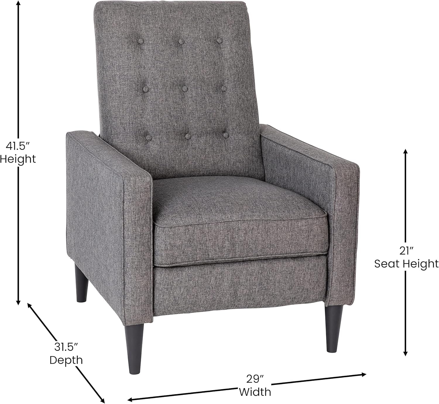 Gray armchair with dimensions labeled on a white background