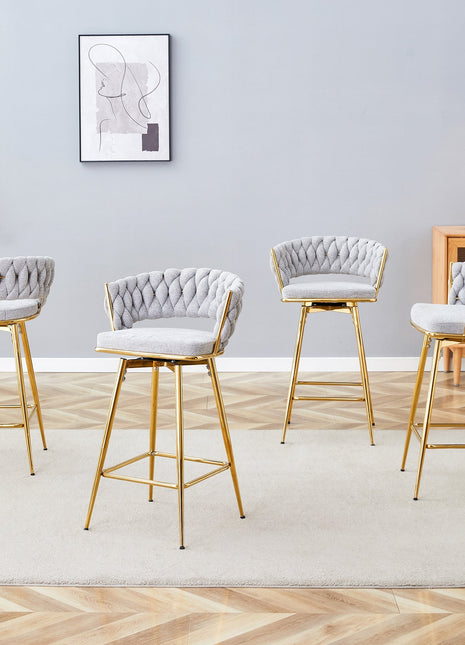 A set of 4 rotating bar stools, equipped with breathable linen cushions - beige seats with golden metal legs, suitable for the height of the kitchen island, dining table or bar counter-0