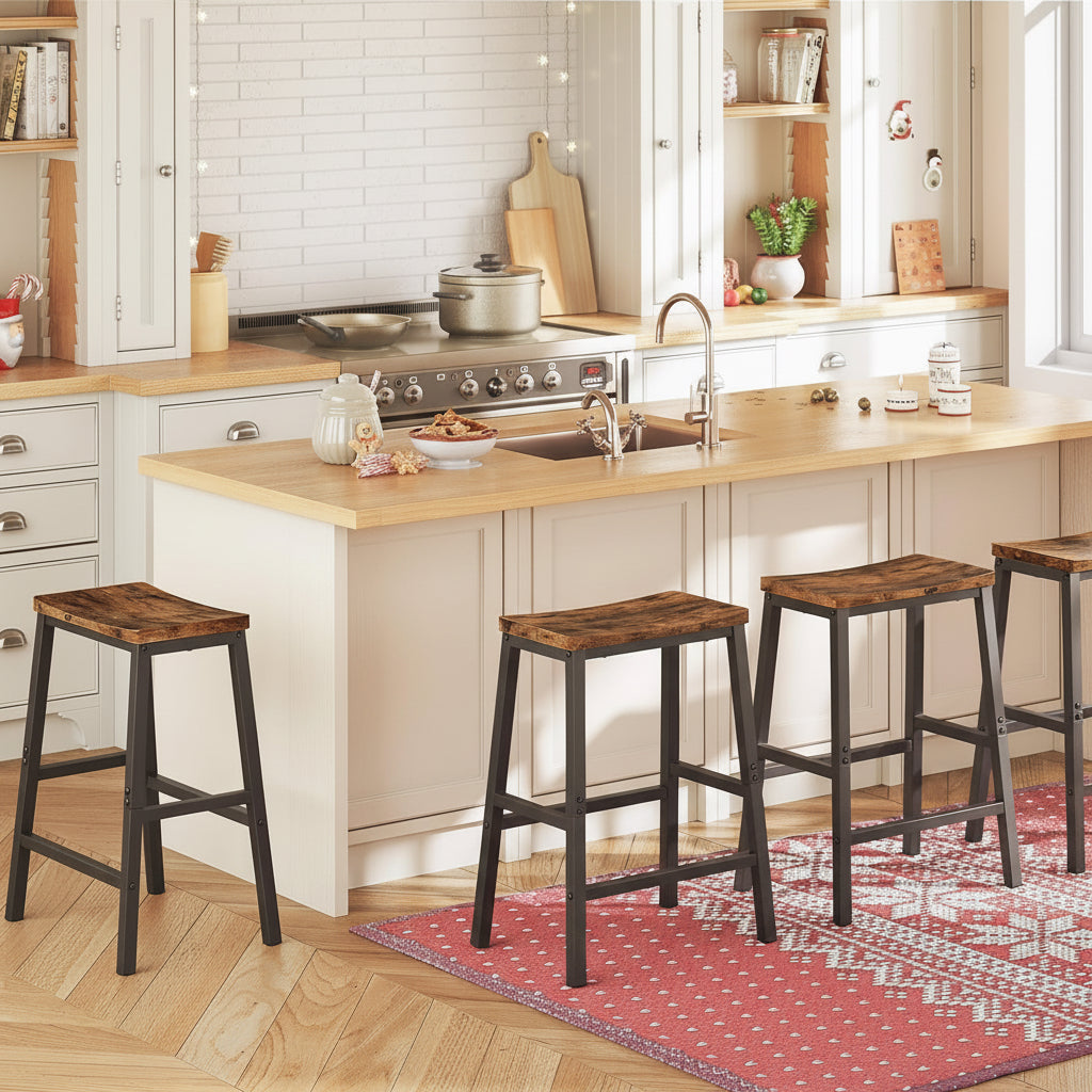 Kitchen with wooden island and stools, decorated for Christmas.