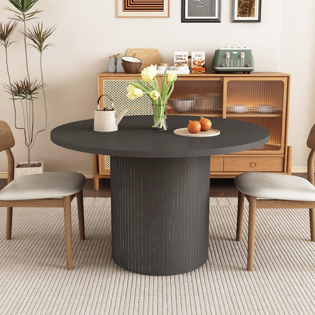 Round Dining Table for 4, Modern Farmhouse Kitchen Table, 47 Inch Small Circle Dining Tables with Wood Strip Base for Kitchen Living Room (Black)-0